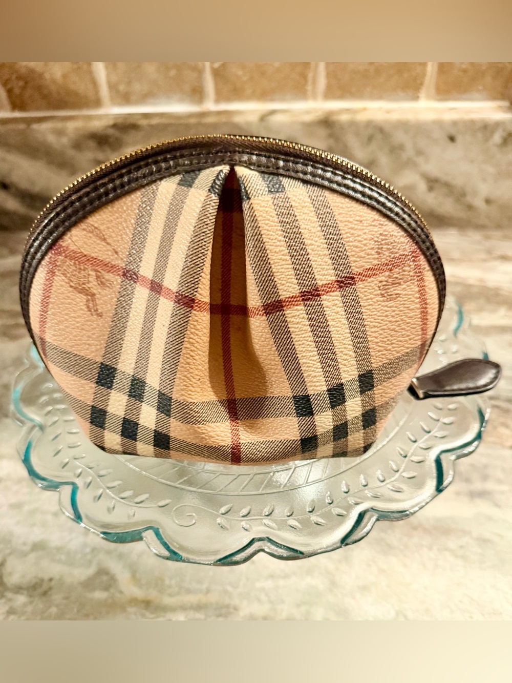 Authentic Burberry Tan Plaid Cosmetic Pouch with Black and Red Stripes